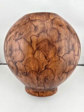 Handcrafted Wooden Floral-Patterned Vase With Natural Finish 8" Tall